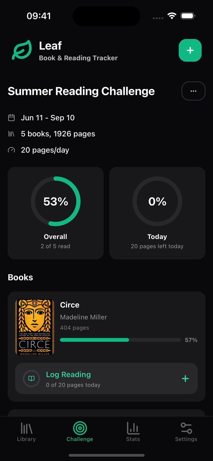 A tela do desafio com a meta de páginas de hoje e o livro em andamento