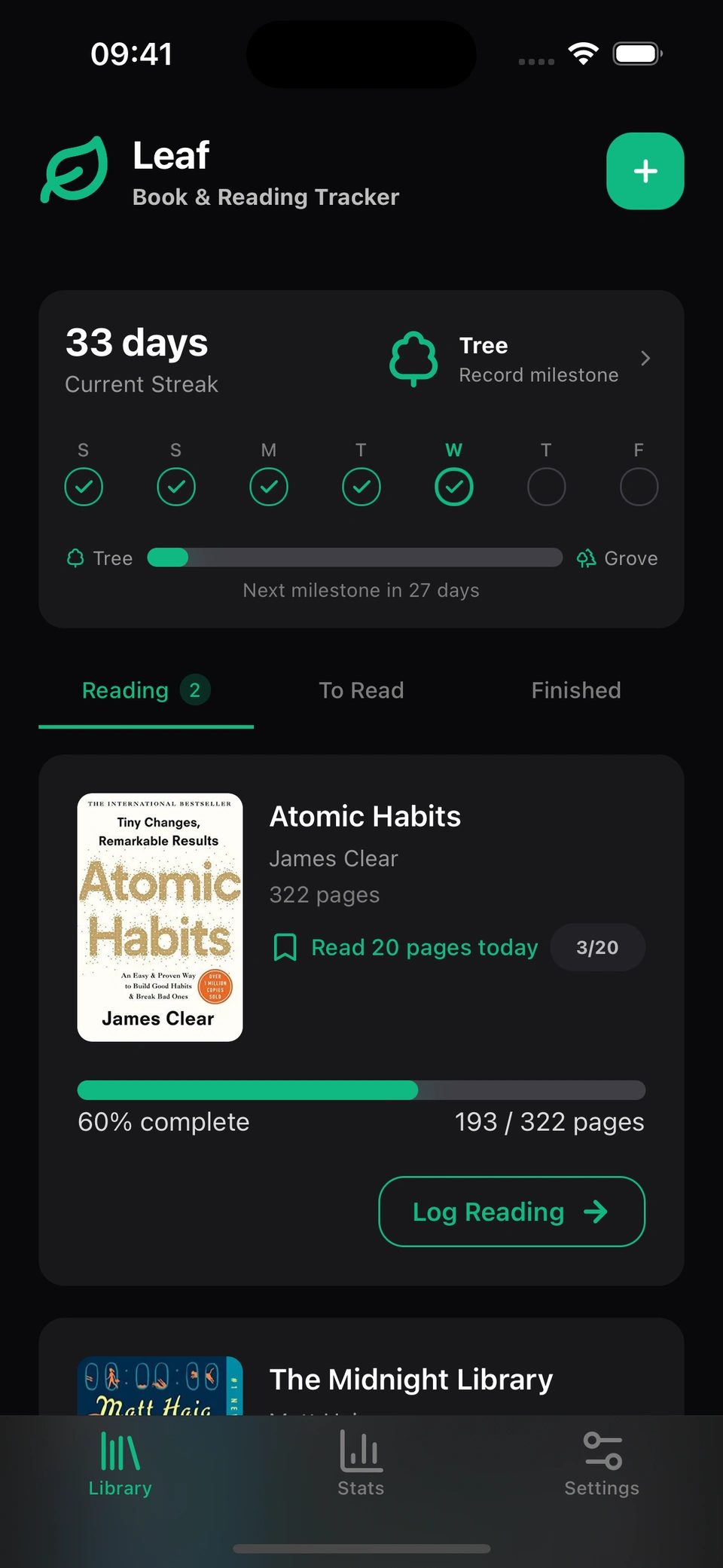 Leaf home screen showing your reading streak and current books
