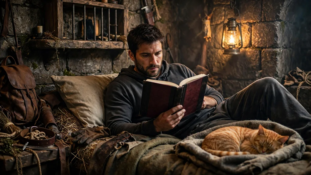 A person reading a book by lantern light, propped up on blankets with a cat asleep nearby