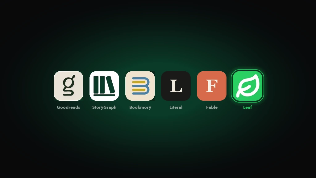App-Symbole von Goodreads, StoryGraph, Bookmory, Literal, Fable und Leaf auf dunkelgrünem Hintergrund