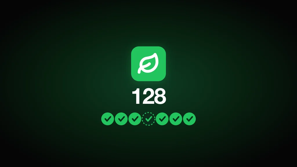 The Leaf app icon above a 128-day streak count and a week of logged reading days, one of them recovered