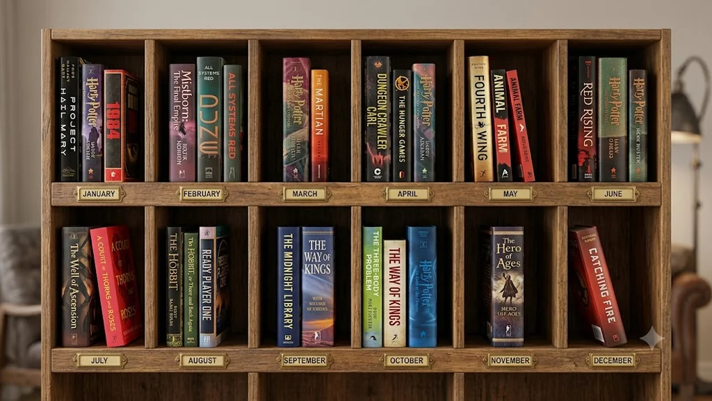 A wooden bookshelf with twelve compartments labelled January to December, each holding the books read that month