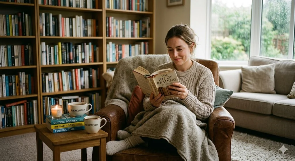 A woman reading a book in a cozy armchair surrounded by bookshelves