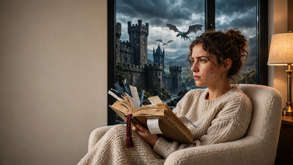 A bookmark halfway through an open book with a phone showing daily reading progress