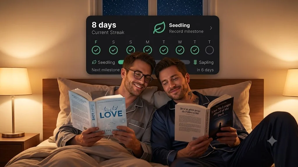 An open book on a nightstand beside a morning coffee and warm light
