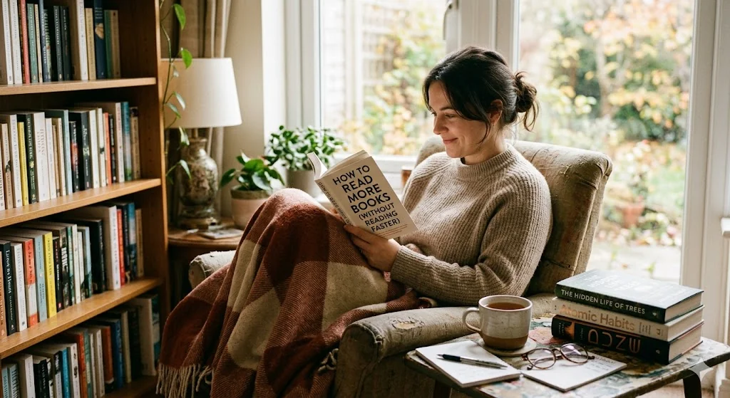 A woman reading in an armchair by a window, holding a book titled How to Read More Books