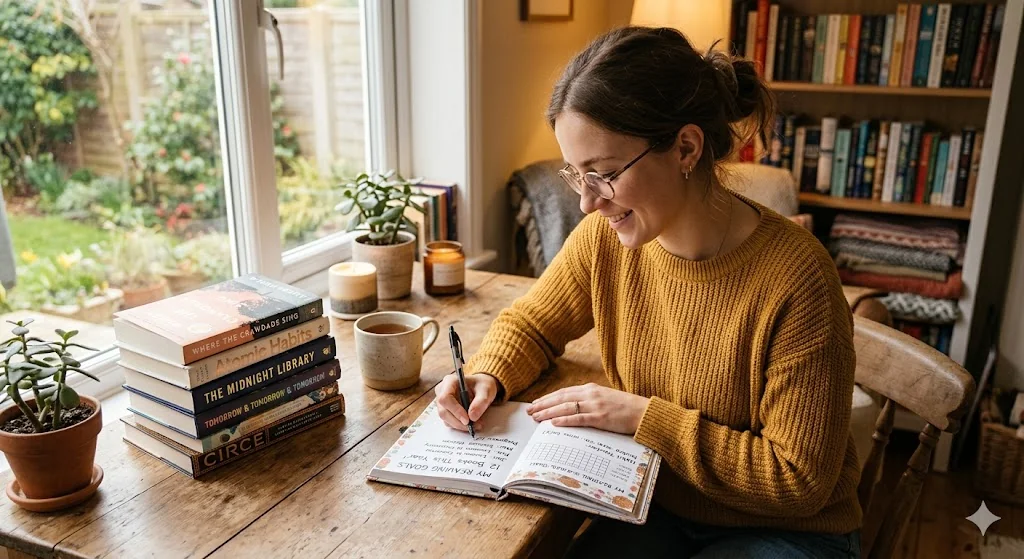 A woman writing her reading goals in a journal at a wooden desk surrounded by a stack of books