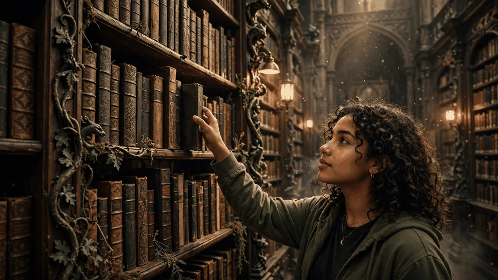 A young reader reaching for a book in an enchanted, candlelit library draped with thorny vines