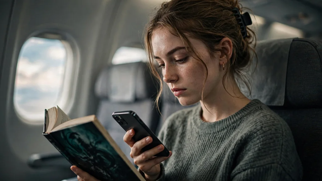 A young woman reading a paperback on a plane, her phone in her other hand beside the window