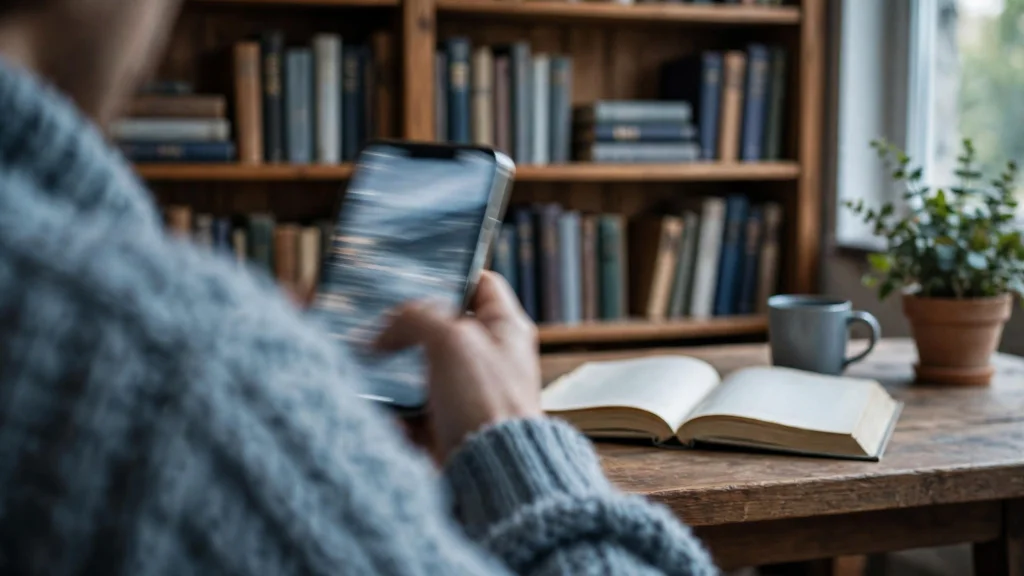 Someone scrolling a phone, the screen a blur, while an open book, a mug and a plant wait on the wooden table in front of a bookshelf