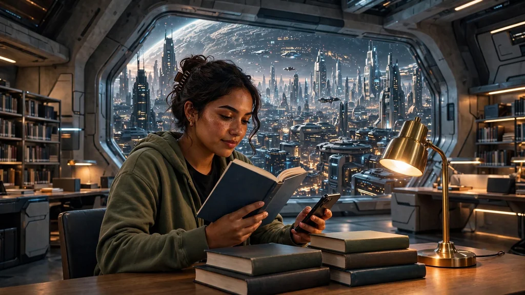A student reading a book at a library desk, phone in hand and a stack of books beside her, with a futuristic city skyline through the window
