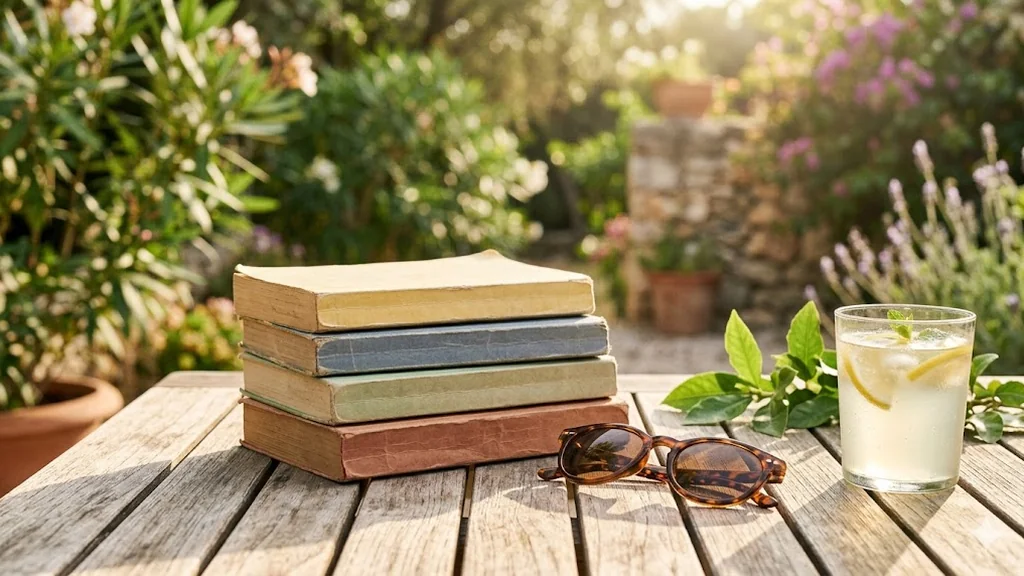 A stack of summer books beside sunglasses on a sunny table